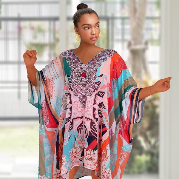 Belle robe caftan Resort de luxe porter kaftan élégant kaftan short kaftan tunique imprimée soie caftan robe soie caftan tops