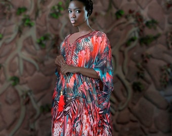 Lace up Silk Kaftan Silk Dress Designer wear animal Print Kaftan