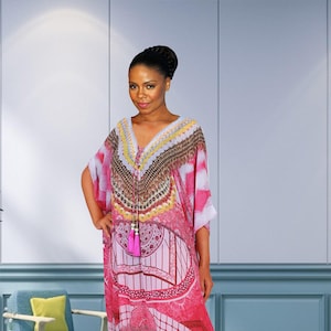 Pink Floral Lace-Up Kaftan: Embellished Georgette Plus Size Dress