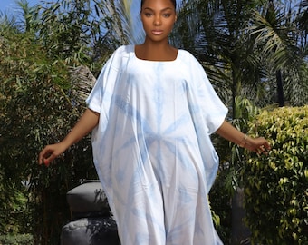 Hand Tie-Dye Rayon Kaftan Dress: Natural Indigo Loungewear