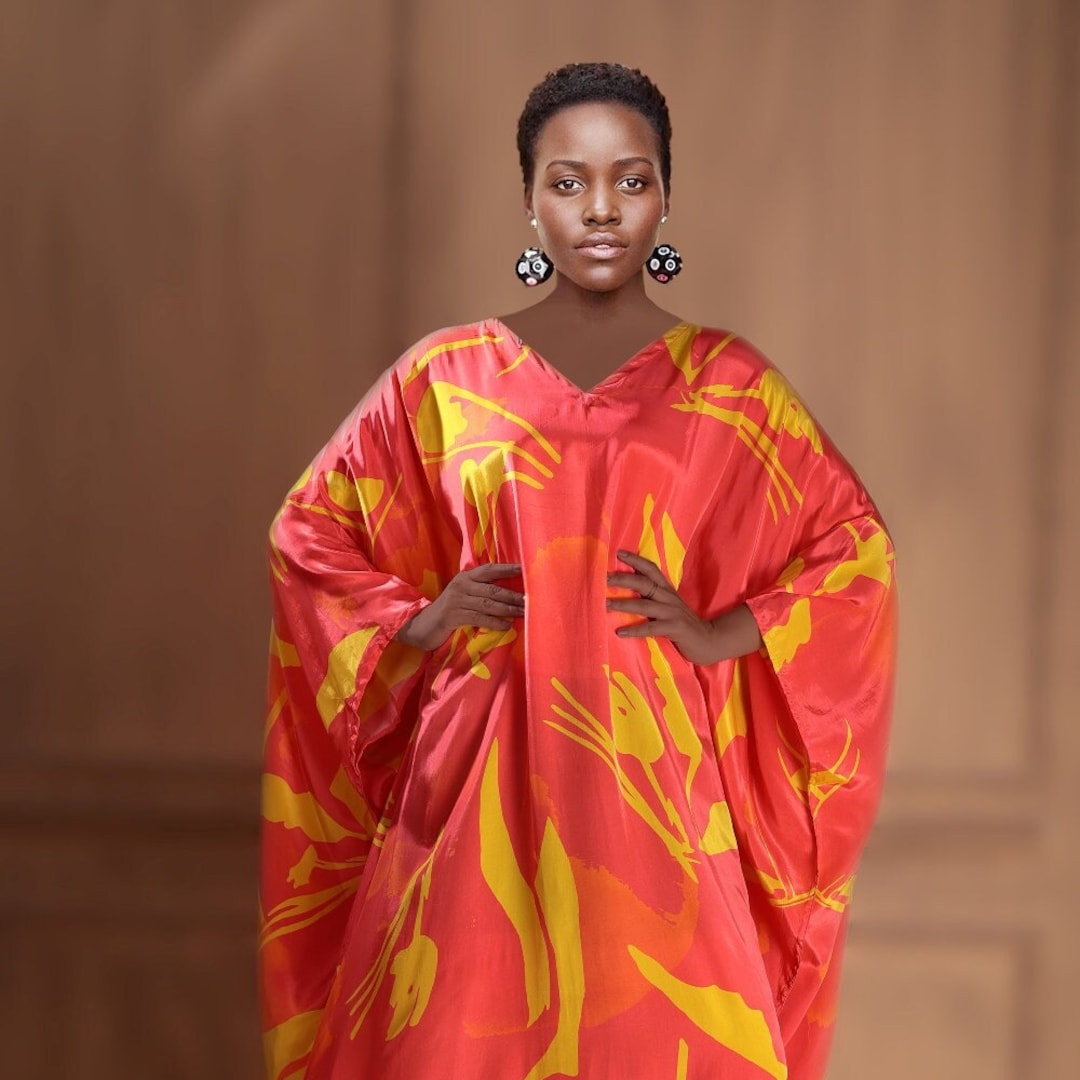 Orange Silk Caftan Lounge Wear Kaftan Women Silk Kaftan Maxi Dress Silk Beach Wear Animal With