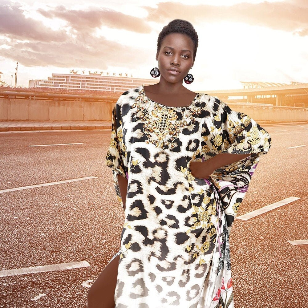 Long Silk Caftan Leopard Print Silk 