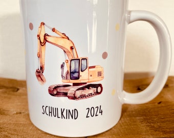 Tasse, Schulkind 2024, Einschulung, Geschenk, Bagger