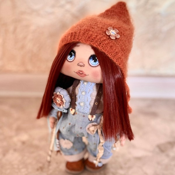 Textile dolls Handmade knitting hat Stuffed doll Cloth dolls Fabric doll Cotton doll Rag doll  Ooak dolls Hand painted dolls Soft dolls