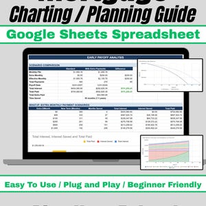May include: A laptop screen displays a mortgage charting and planning guide in Google Sheets. The spreadsheet shows early payoff analysis, with charts and data on interest, savings, and total paid. Text includes "Plan Your Future!"