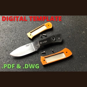 以下が含まれることがあります： オレンジと黒のナイフのスケール2枚と、シルバーのブレードに「Ledger」の文字が刻まれています。画像のテキストは「DIGITAL TEMPLATE .PDF & .DWG」です。