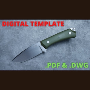 May include: Digital template for a knife with a green handle and a silver blade. The template is available in PDF and DWG formats.