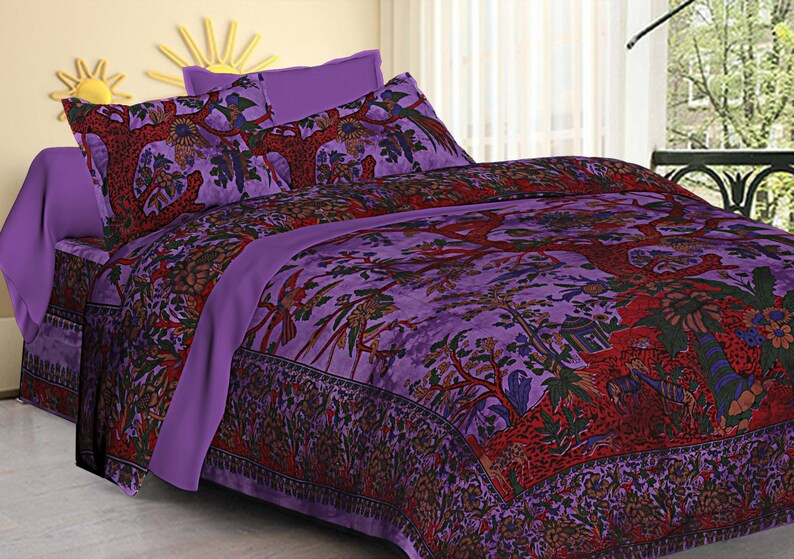 Purple Mandala Hippie Bed Sheet Bohemian Indian boho Tapestry with pillow covers