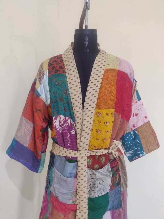 Indian Silk Sari Kimono Beautiful Floral Print Silk Sari Kimono robe Handmade Patchwork Night Gown Women/'S Beach Wear Dress