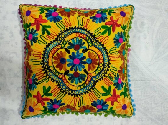 Throw Pillow Sham Hand Embroidery Indian Handmade Cotton Antique Pillow