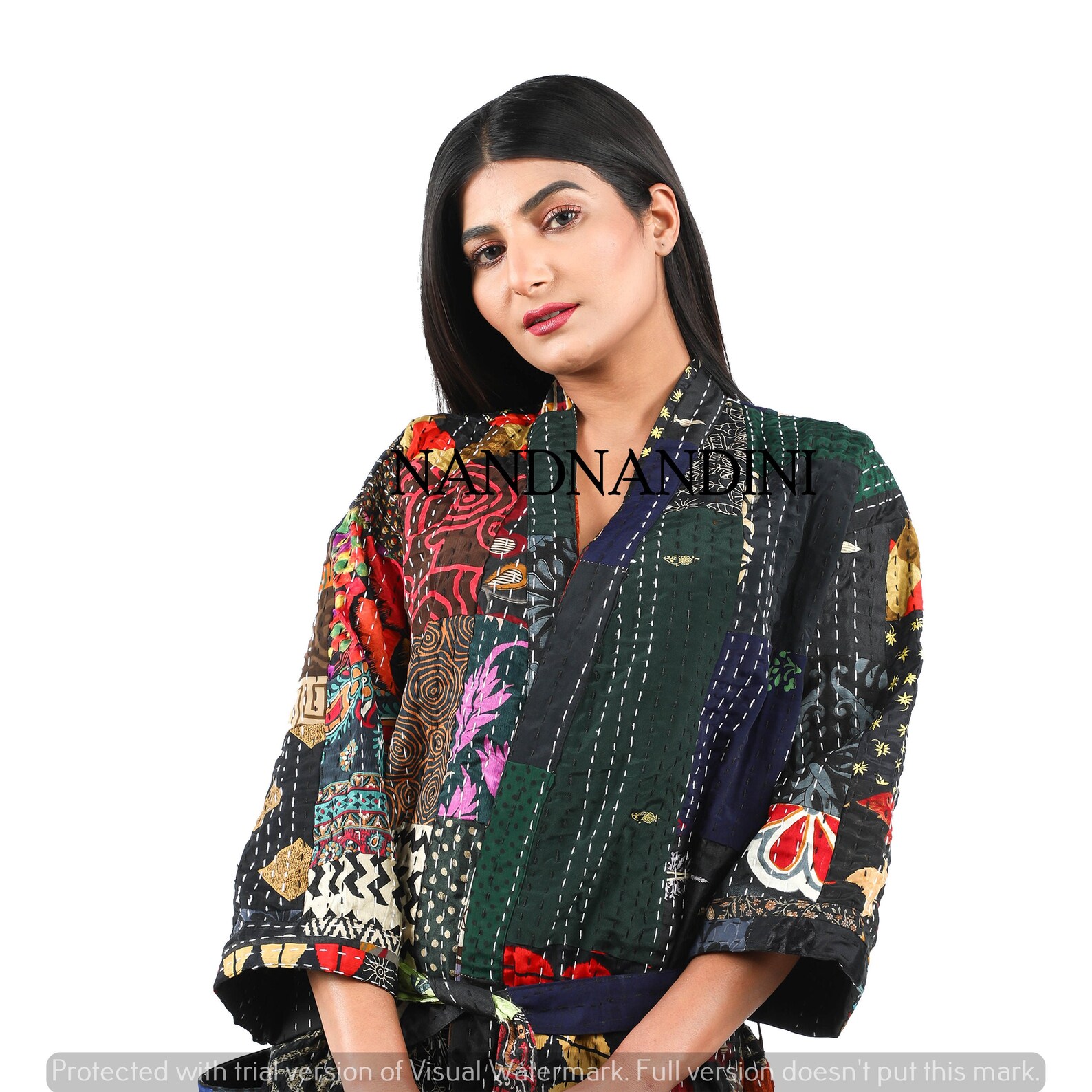 Kantha Quilted Jacket Women Wear Silk Patchwork Long Kimono Etsy