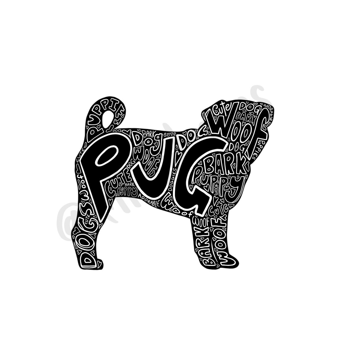 Pug Word Art Pug Print, Pug Typography, Pug Poster, Dog Wall Art, Pug