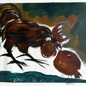 Rooster and Pomegranate - One of a kind Artwork - Original Oil Painting