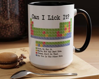 Taza divertida de la tabla periódica, taza de ciencias "¿Puedo lamerla?", regalo para profesores de química, café científico para frikis.