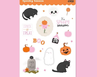 Spooky Season Halloween Sticker Sheet | Cute Ghost | Pumpkin Black | Cat Matte Stickers for Journaling, Planners and Scrapbooking