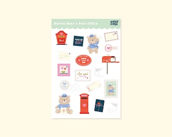 Bertie Bear's Post Office Sticker Sheet | Cute Mail & Postal Stickers | Matte Paper | Journaling Stickers | Scrapbook