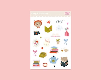 Cozy Afternoon Sticker Sheet | Cute Bear, Books & Tea Stickers | Cottage Core Stickers