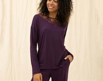 Lilac Cozy Bamboo Loungewear Set • Sexy Ladies Sleepwear Loose Fit Palazzo Pants & Top • Nightwear Bamboo Pyjamas Bamboo Plus Size Sleepwear