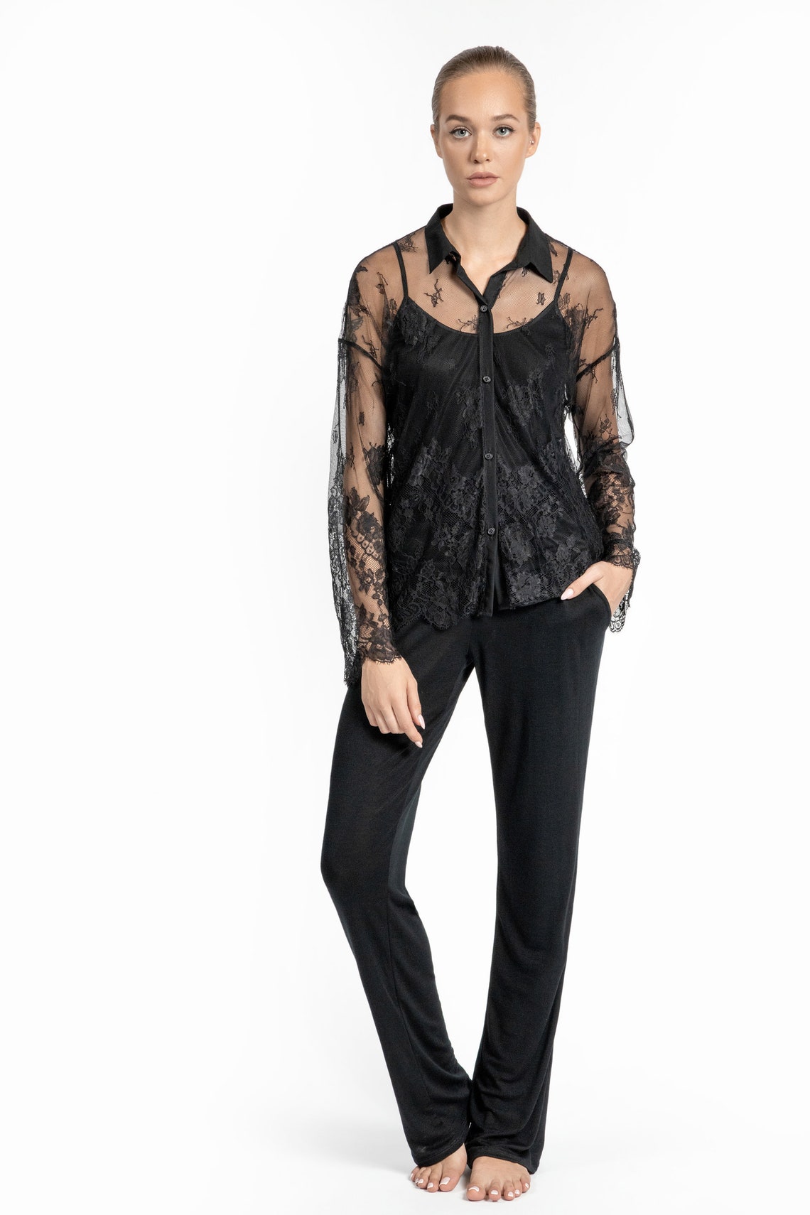 Black Lace See Through Pajama Set Women Summer Pjs See Through Sleep