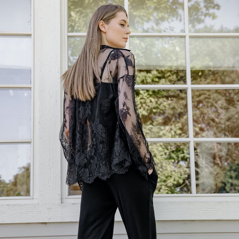 Black Lace See Through Pajama Set Women Summer Pjs See Through Sleep