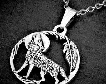 Howling Wolf Necklace, Moon & Feathers Jewellery, Cord or Chain