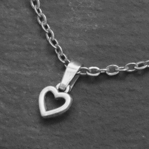 Tiny Delicate Heart Pendant Necklace on Cord or Chain, Minimalist Jewelry Gift, Adjustable Choker or 16 18 20 22 24 30 inch Stainless Steel