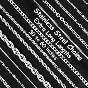 Könnte beinhalten: Edelstahlketten in verschiedenen Ausführungen, mit Längen von 76 cm bis 152 cm. Das Bild zeigt verschiedene silberfarbene Ketten, wie Seil-, Panzer- und Ankerketten, vor dunklem Hintergrund.