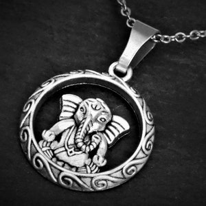 Unisex Ganesha Pendant Necklace on Cord or Chain, Ganesh Elephant Jewelry Gift, Adjustable Choker or 16 18 20 22 24 30 inch Stainless Steel