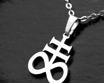 Small Leviathan Cross Necklace, Silver Stainless Steel Satanic Pendant, Cord or Chain, Unisex