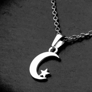 May include: A silver-toned metal necklace featuring a crescent moon pendant with a small five-pointed star nestled within the curve. The pendant hangs from a delicate link chain, showcasing a polished, reflective surface and a simple, clean design.