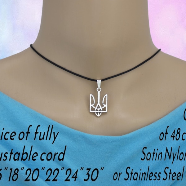 Unisex Tryzub Pendant Necklace on Cord or Chain, Ukraine Jewelry Gifts, Adjustable Choker or 16 18 20 22 24 26 28 30 inch Stainless Steel