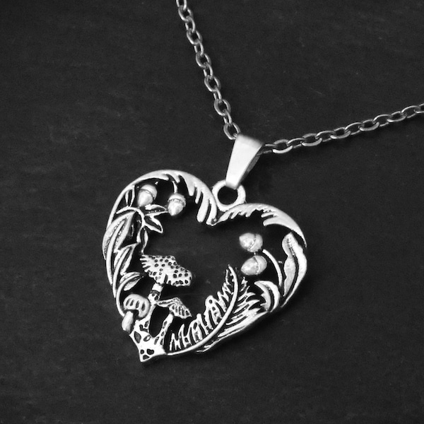 Unisex Woodland Heart Pendant Necklace on Cord or Chain, Fairycore Jewelry Gift Adjustable Choker or 16 18 20 22 24 30 inch Stainless Steel