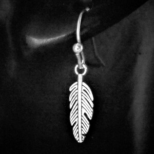 以下が含まれることがあります： フック留めのシルバーフェザーピアス。 羽のデザインは、エッチングされた線で詳細に表現されており、リアルな外観を作り出しています。 ピアスは暗い背景に対して表示されています。