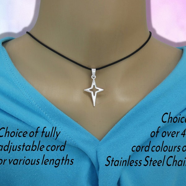 North Star Pendant Necklace on Cord or Chain, Polaris Jewelry Gift, Adjustable Rope Choker or 16 18 20 22 24 30 inch Stainless Steel Chain