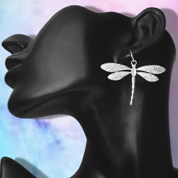 Large Dragonfly Earrings, Stainless Steel Dragon fly Jewelry Gift, Clip on or Lever back, 925 Sterling Silver, Kidney Wire UK