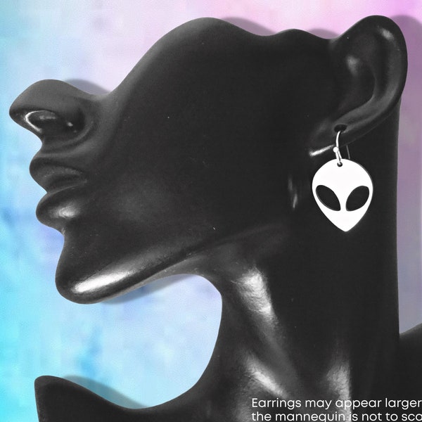 Large Alien Dangle Earrings, UFO Jewelry Gift for pierced or non pierced ears,  Clip on or 925 Silver, Lever Back Stainless Steel Stud,