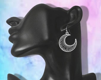 Large Moon Earrings, Filigree Crescent Moon Jewelry Gift, Clip on or 925 Sterling Silver, Lever Back Hoop, Stainless Steel Stud + UK
