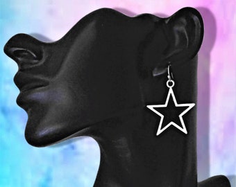 Extra Large Star earrings, Open Star Jewelry Gifts, Custom Clip on or Lever Back Hoop, 925 Sterling Silver, Hypoallergenic, Hook, Stud