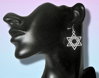 Large Star of David Earrings, Double Israel Star Jewelry Gift, Clip on or Lever Back, 925 Sterling Silver Hypoallergenic