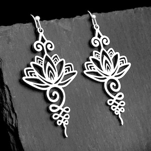 Large Unalome & Lotus Earrings, Gold or Silver Stainless Steel Yoga Jewellery, Clip on or Lever Back, Stud, Hook, Kidney Wire