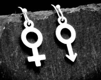 Venus & Mars Earrings, Male Female Symbol Jewellery, Clip on orPierced Options