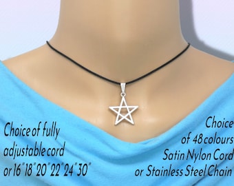 Collana con ciondolo stella pentagramma unisex su corda o catena, regalo di gioielli Wiccan, girocollo di lunghezza regolabile o 16 18 20 22 24 30 pollici