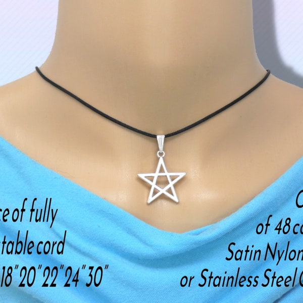 Unisex Pentagram Star Pendant Necklace on Cord or Chain, Wiccan Jewelry Gift,  Adjustable Length Choker or 16 18 20 22 24 30 inch