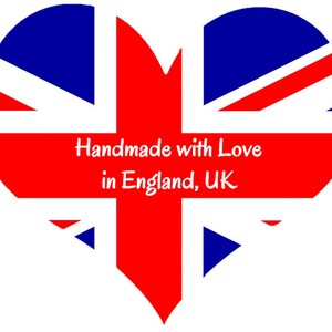 May include: A heart-shaped graphic featuring the Union Jack flag design in red, white, and blue. The text "Handmade with Love in England, UK" is displayed in white across the center of the heart.