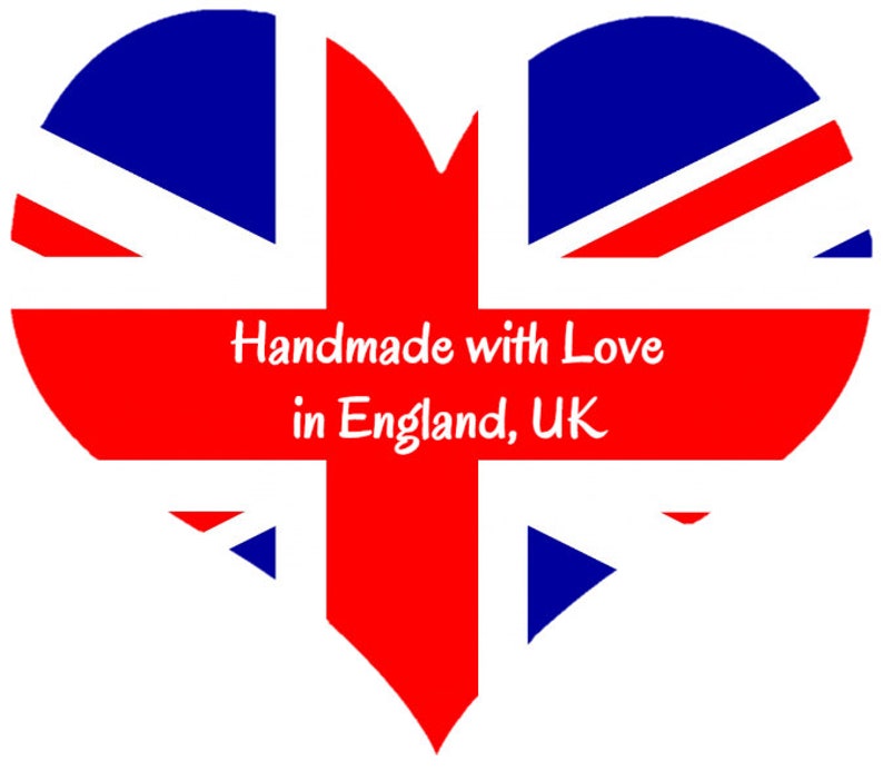 May include: A heart-shaped graphic featuring the Union Jack flag design in red, white, and blue. The text "Handmade with Love in England, UK" is displayed in white across the center of the heart.