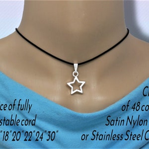 Unisex Simple Star Pendant Necklace on Cord or Chain, Open Star Choker, Jewelry Gift, Adjustable or 16 18 20 22 24 30 inch Stainless Steel