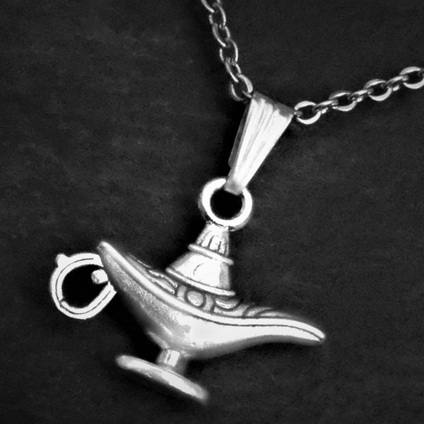 Aladdin Genie Lamp Pendant Necklace on Cord or Chain, Jewelry Gifts, Choker, Adjustable or 16 18 20 22 24 30 inch Stainless Steel