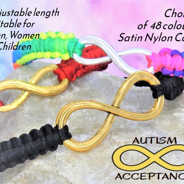 Bracelet Infinity d’acceptation de l’autisme unisexe, Neurodiversité, Corde de corde nouée tissée en macramé réglable, Go Gold for Autism Pride, Royaume-Uni