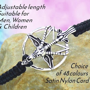 May include: A black satin nylon cord bracelet featuring a silver-toned metal pendant shaped like a goat head inside a pentagram. The text on the image reads: Adjustable length Suitable for Men, Women & Children and Choice of 48 colours Satin Nylon Cord.