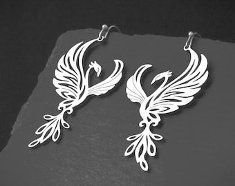 Phoenix Earrings, Gold or Silver Stainless Steel Fire Bird Jewelry Gift, Clip on or 925 Silver Lever Back, Stud Hook Kidney Wire